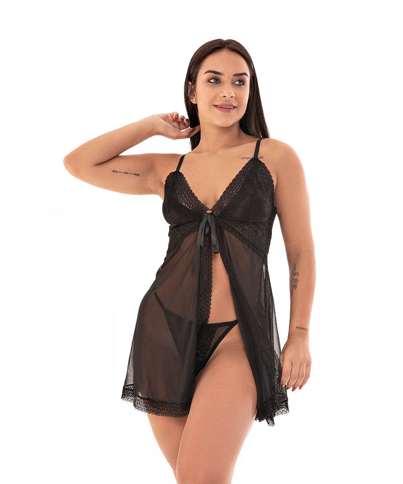 Babydoll conjunto de Lingerie Calcinha de renda de tule aberta e tanga Louise