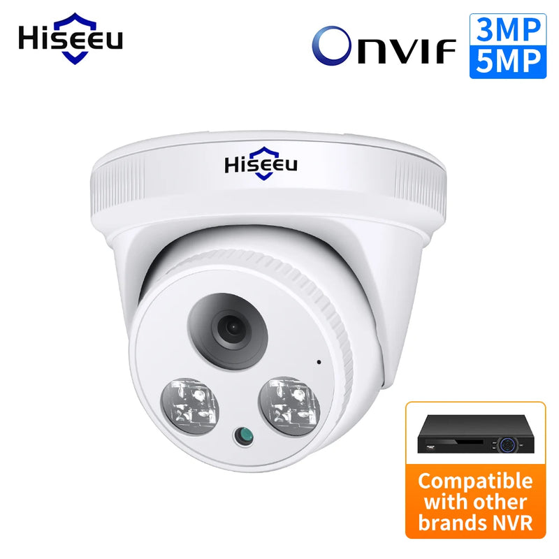 Câmera de vigilância de segurança com sensor de movimento H.265+ Dome CCTV ONVIF Gravação de áudio Detecção de movimento Interior Casa Telhado Hiseeu 5MP 3MP POE IP