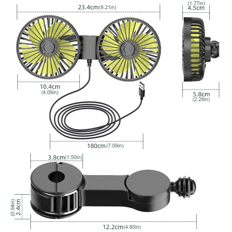 Ventilador automotivo usb portátil, ar condicionado para carros, ventilador elétrico para escritório doméstico, rotação de 360 graus, cabeça dupla, 3 velocidades, assento