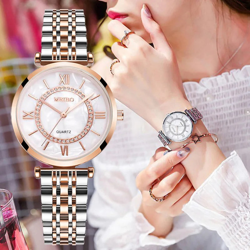 Relógios de pulso feminino luxo cristal, pulseira de aço com qualidade superior montre femme relogio