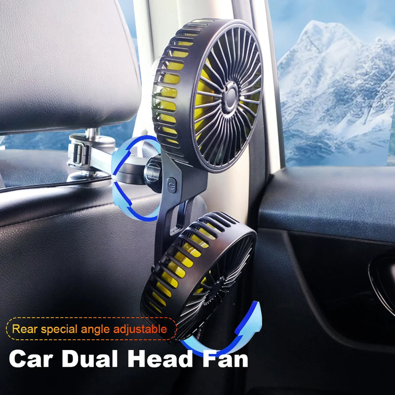 Ventilador automotivo usb portátil, ar condicionado para carros, ventilador elétrico para escritório doméstico, rotação de 360 graus, cabeça dupla, 3 velocidades, assento