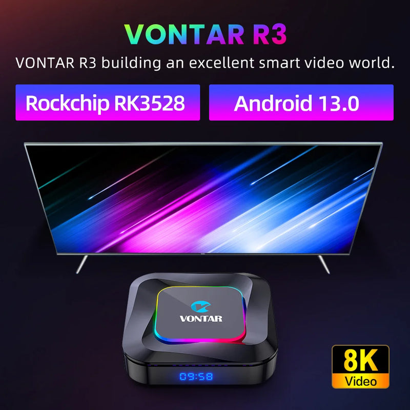 TV Box Android 13 VONTAR R3 RGB  Rockchip RK3528 Support 8K Video BT5.0 Wifi6 Support Google Voice Input Media Player Set Top Box Com pacote incluso(Canais Ilimitados + Jogos + filmes e séries))