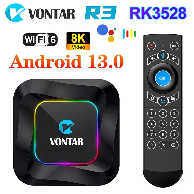 TV Box Android 13 VONTAR R3 RGB  Rockchip RK3528 Support 8K Video BT5.0 Wifi6 Support Google Voice Input Media Player Set Top Box Com pacote incluso(Canais Ilimitados + Jogos + filmes e séries))