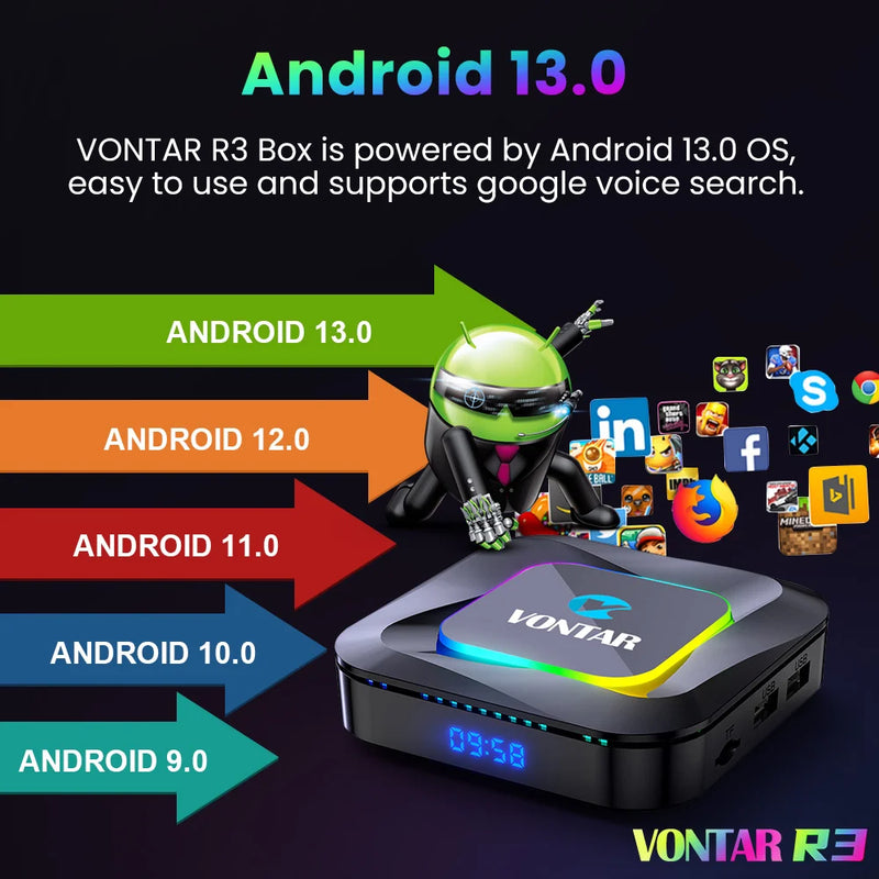 TV Box Android 13 VONTAR R3 RGB  Rockchip RK3528 Support 8K Video BT5.0 Wifi6 Support Google Voice Input Media Player Set Top Box Com pacote incluso(Canais Ilimitados + Jogos + filmes e séries))