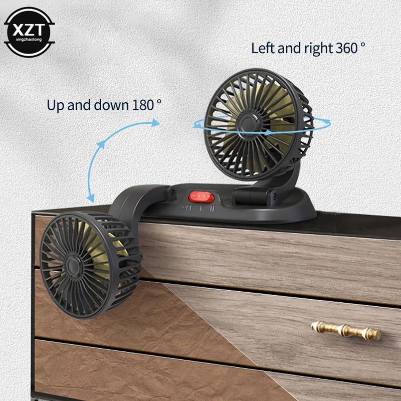 Mini Ventilador portátil de cabeça dupla para carro ou mesa 12V 24V, rotação de 360 graus, ventilador de refrigeração de ar automático, 2 velocidades ajustáveis para painel, caminhão...