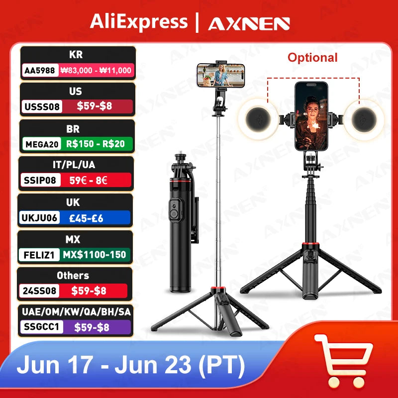 Tripé multifuncional selfie, dobrável para celular AXNEN C12/C13 Tipods para câmera de ação Gopro, suporte de 1325 mm com controle remoto Bluetooth sem fio para ao vivo