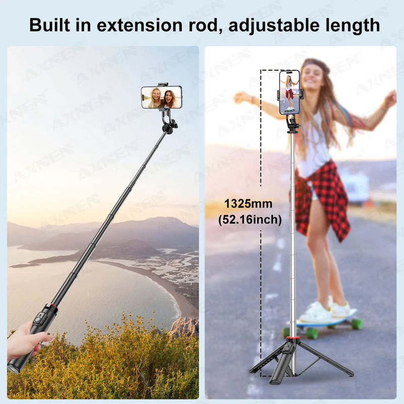 Tripé multifuncional selfie, dobrável para celular AXNEN C12/C13 Tipods para câmera de ação Gopro, suporte de 1325 mm com controle remoto Bluetooth sem fio para ao vivo